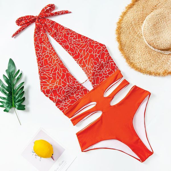 

print swimwear 2021 one piece swimsuit bathing beachwear hanging neck cross summer monokini swimming suit for women one-piece suits