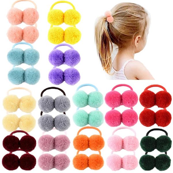 

14pcs/lot 1.4" small solid double fur ball with elastic rope handmade hair band for kids girls accessories, Slivery;white