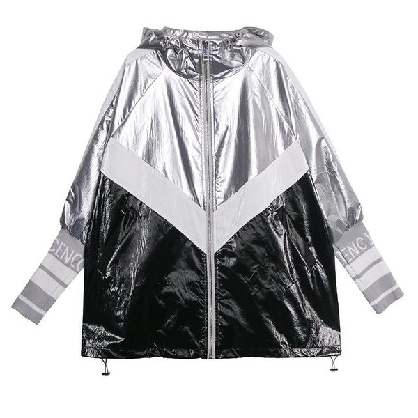 

women's jackets glossy silver jacket coat women spring autumn 2021 hooded stylish colour block outwear metallic knit bunch cuff pockets, Black;brown