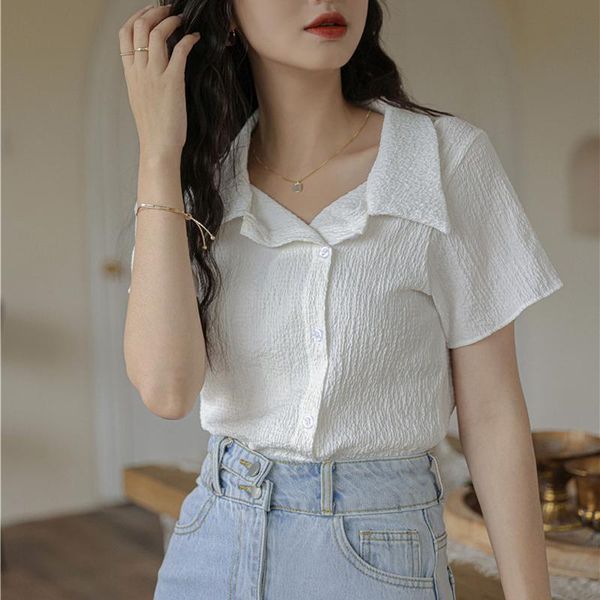 

women's blouses & shirts hzirip 2021 french retro -neck short shirt open stitch button folds blouse temperament all-match sweet girl el, White