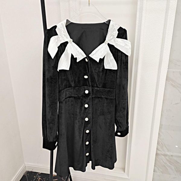 

casual dresses 2021 product temperament sequined diamond bow gold velvet long-sleeved waist dress 1105, Black;gray