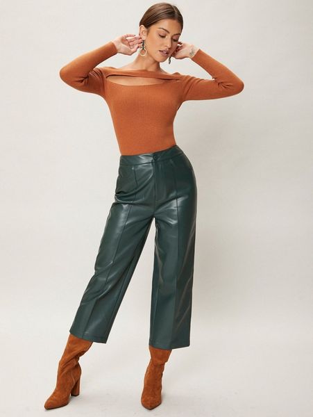 

motf premium pu leather cropped pants r3a5#, Black;white