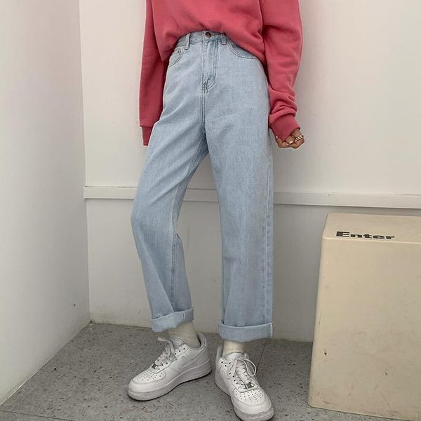 

spring autumn light-colored washed white denim trousers women's jeans loose casual all-match straight-leg pants, Blue