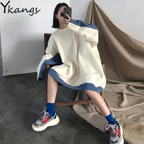 

women's hoodies & sweatshirts loose patchwork long sleeve knee length kpop pullover women y2k kawaii harajuku female sweatshirt korean, Black