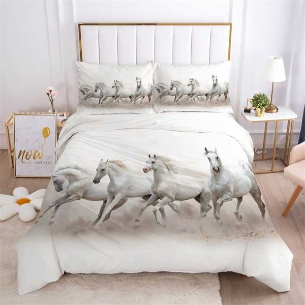 Conjuntos 3D Conjuntos Conjunto de Edredão Conjunto Conjunto Condutor Frolvícula Bed Roubo Rei Rainha Cheio Tamanho Principal Branco Animal Cavalo Home Texitle 211007