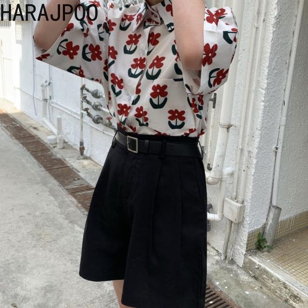 

harajpoo women sets 2021 summer korean ins trendy girls explosive floral short-sleeved shirt black suit shorts two-piece suits women's, Gray