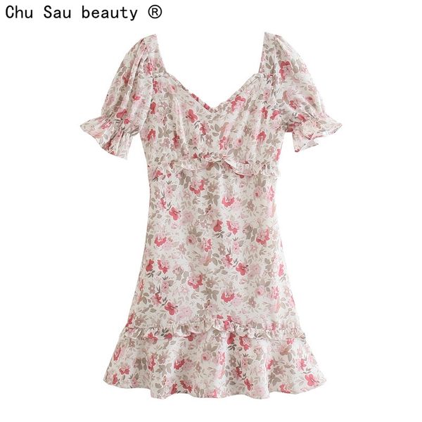 

summer chic sweet floral print v-neck puff sleeve ruffled mini dress female zipper vestido fashion 210508, Black;gray