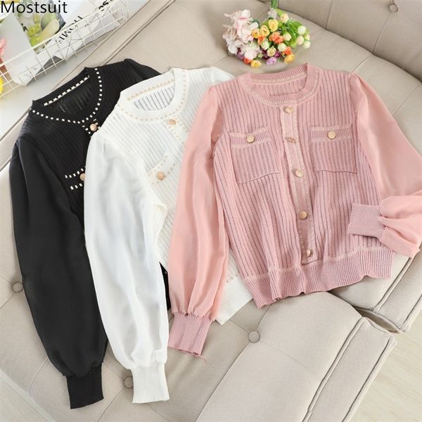 

spring autumn elegant knitted women chiffon long sleeve sweater korean ladies jumpers buttons pockets thin pullover 210514, White;black