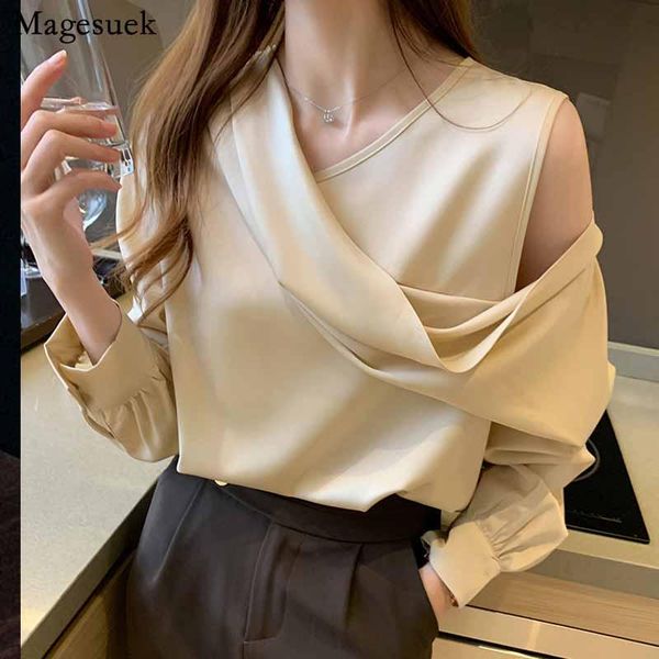 

women's blouses & shirts autumn 2021 elegant satin shirt solid ol v-neck slim women off-shoulder long sleeve chiffon blouse chemisier, White