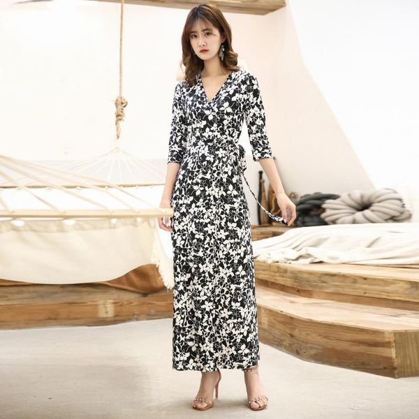 

casual dresses floral lady dress summer 2021 female slim temperament long v-neck wrap women sundress, Black;gray