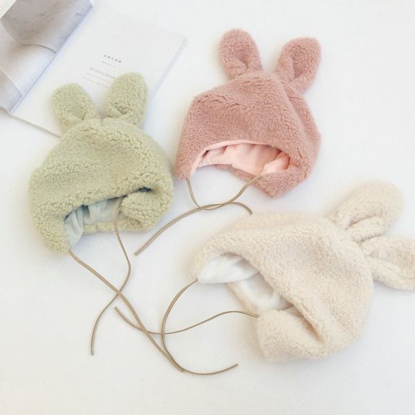 

winter baby hat plush bunny ear cap girls boys cute warm bonnet solid color thick infant toddler beanie caps, Yellow