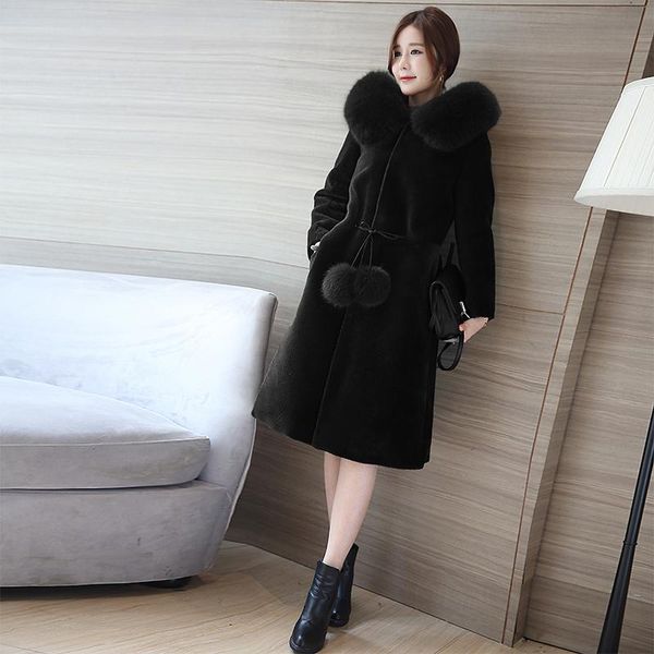 

women's fur & faux real sheep sheared nature wool coat women collar hooded long pink winter jacket casacas para mujer kj541, Black