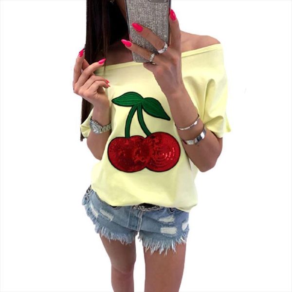 

summer off shoulder cherry womens applique plus size 5xl tee femme ws9079m, White