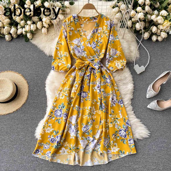 

women korean floral dress v neck puff sleeve lace up a-line es summer bohemian print holiday beach midi 210512, Black;gray