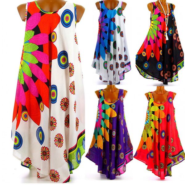 

summer 2019 women's sleeveless irregular swing loose chiffon print dress, White