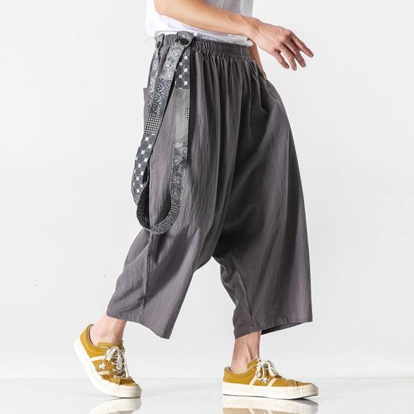 

mrgb men's pants chinese style loose male straight cotton oversized with straps wide leg casual for man, Black