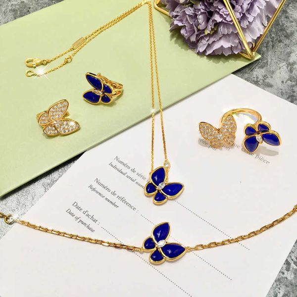 Marca pura 925 prata esterlina jóias para mulheres azul lapis borboleta conjunto de jóias de casamento brincos colar pulseira rrings