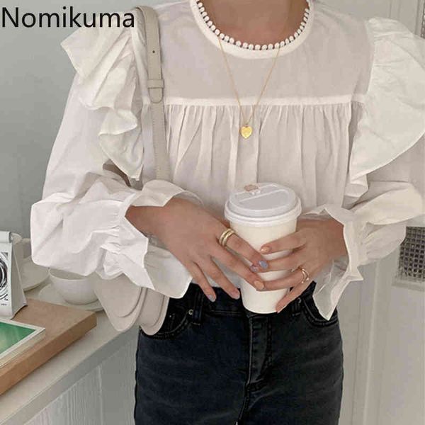 

nomikuma spring sweet ruffle flare sleeve blouse causal o-neck new blusas femme korean pleated solid shirt 6e523 210427, White