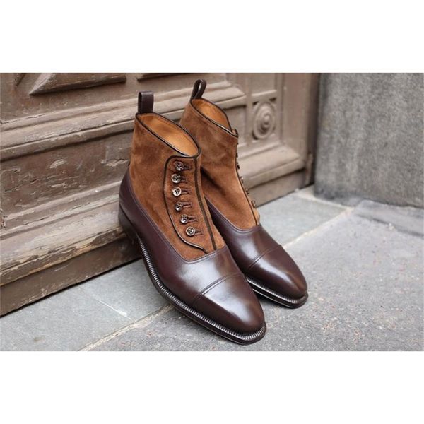 

boots men shoes fashion trend british classic wild handmade two-color pu stitching imitation suede button ankle 3kc467 vyes, Black