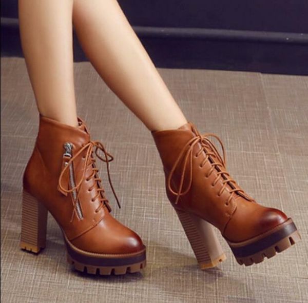 

boots womens retro chunky high heels warm knight ankle lace up platform shoes v3, Black