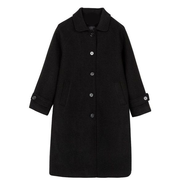 

women's wool & blends fashion streetwear long winter coats single breasted blend coat black turn-down collar warm femenino