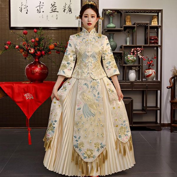 

women oriental qipao bride wedding dress gown chinese style peacock embroidery cheongsam toast clothing suit marriage gift ethnic, Red