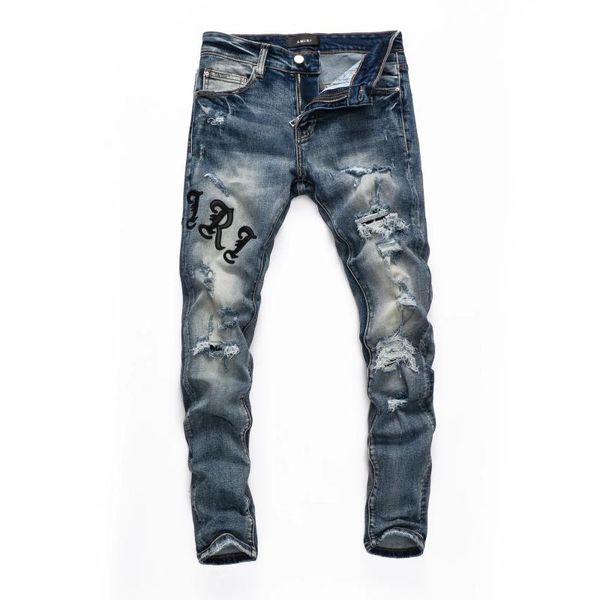 

men's jeans pants fashionable high street brand letter embroidered piece of the light color cultivate one morality are large -40, Blue
