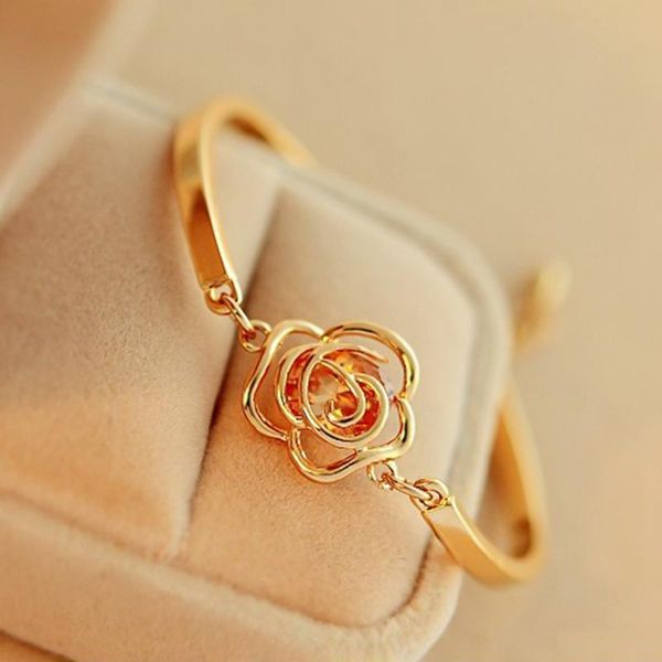 

link, chain fashion 1pcs rose flower crystal bracelet hand women hollow out gold color brace lace ornament jewelry, Black