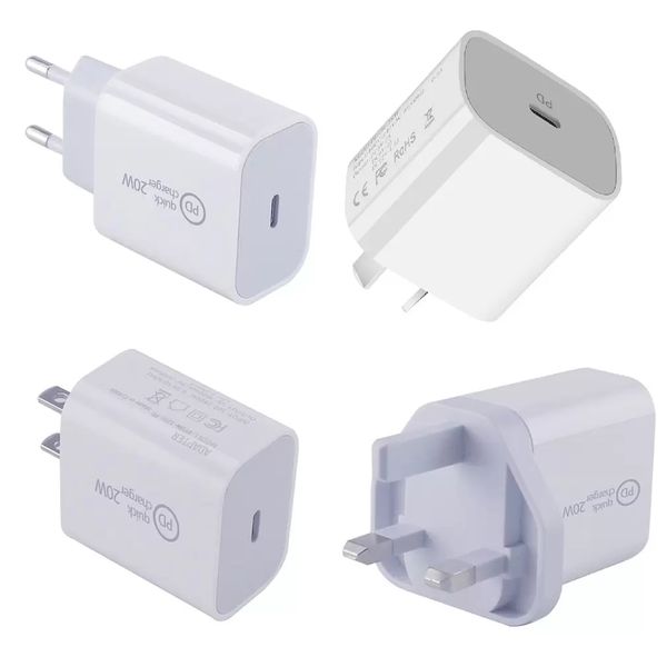 Carregador de parede USB C 20 W PD Plugue adaptador Carregamento rápido Fornecimento de energia Tipo-c Plugues de bloco EUA Reino Unido UE AU