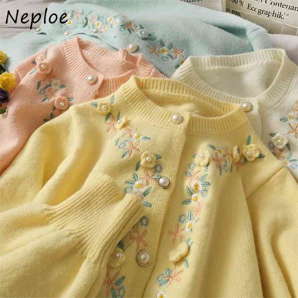 

sweet flower embroidery knit cardigan sweater women o-neck chic exquisite single breasted coat loose lange vest dame 210422, White;black