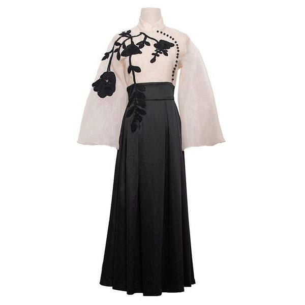 

casual dresses summer wear ladies vintage clothing beaded flower patch maxi dress mandarin collar long, Black;gray