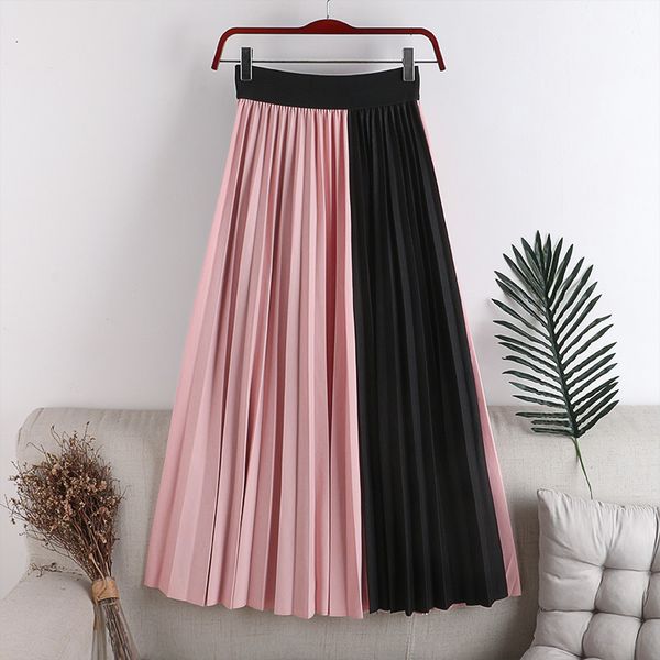 

skirts skirts spring cotton blend contrast color patchwork pleated maxi elastic waist a-line draped long pink 7lbi, Black