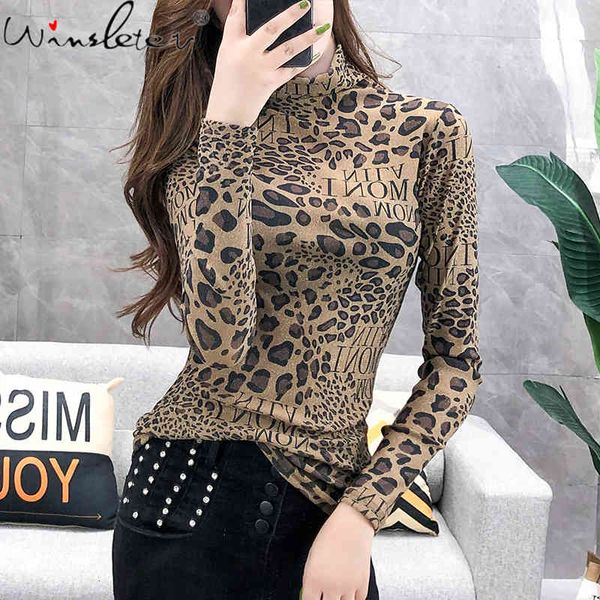 

women's t-shirt fall winter european style t shirt fashion turtleneck pullover vintage print mesh women ropa mujer long sleev, White