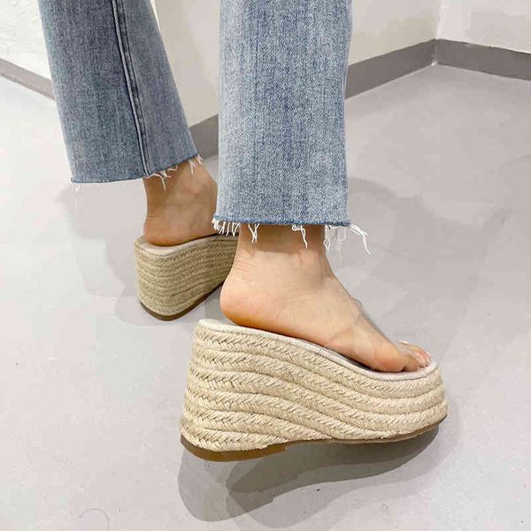 

sandals summer transparent platform wedges rattan weave women's shoes open toe hemp rope slippers high heels slip-on slides h6d6, Black