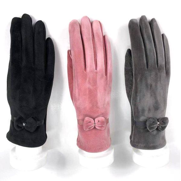 

five fingers gloves ladies mink velvet bow winter fingertip touch screen warm, Blue;gray