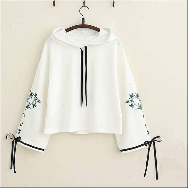 

japan sweatshirt women sweatshirts elegant bamboo embroidery kawaii hoodies cute white girls long sleeve pullover, Black