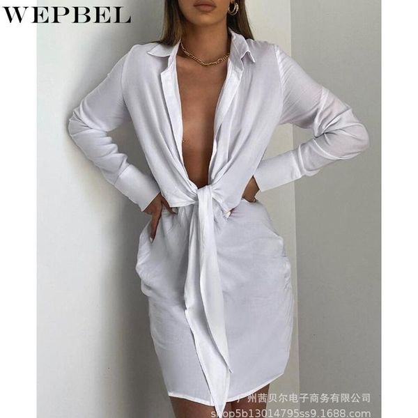 

casual dresses wepbel solid color shirt dress women's bandage slim autumn long sleeve single-breasted turn-down collar, Black;gray