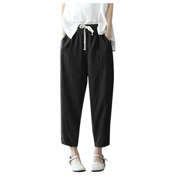 

women's pants & capris women trousers 2021 soft cotton linen drawstring pockets loose summer fashion quick dry washed casual spring, Black;white