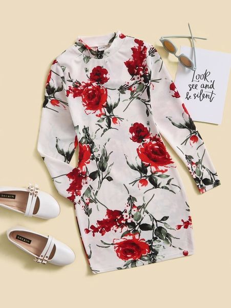 

girls floral print stand neck dress she, Red;yellow