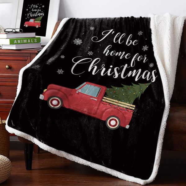 

Sherpa Fleece Throw Blanket- Vintage Red Pickup Truck Carrying Christmas Tree Fuzzy Soft Flannel Blanket Reversible Ultra