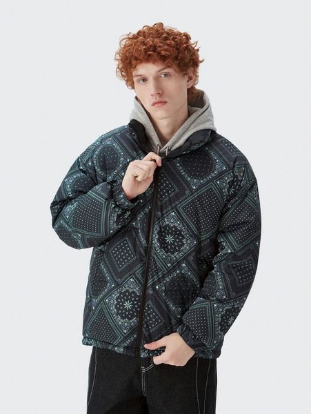 

men paisley scarf print zipper down coat a0xj#, Black;brown