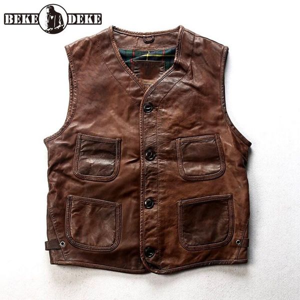 

men's vests casual genuine leather vest men brown retro biker sheepskin waistcoat england style multi-pocket slim work sleeveless jacke, Black;white