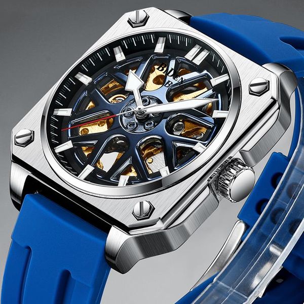 

wristwatches biden automatic mechanical watch square rectangular dial men skeleton watches male tonneau clock hombre relogio masculino, Slivery;brown