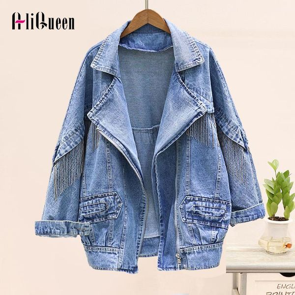 

women's vests streetwear women black chain tassel jean jacket female casual notched collar zipper feminino vintage loose denim jackets, Black;white