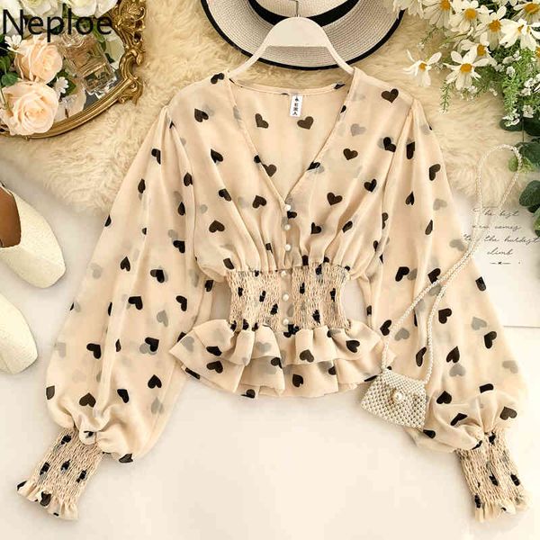 

women's blouses & shirts neploe v neck lantern long sleeve heart print blouse women elegant ruffles slim waist pleat holiday blusas spr, White