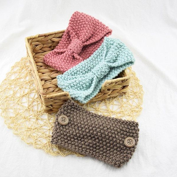 

hair accessories solid color handmade bow crochet head wrap women headband with button elastic band knitted wool headbands