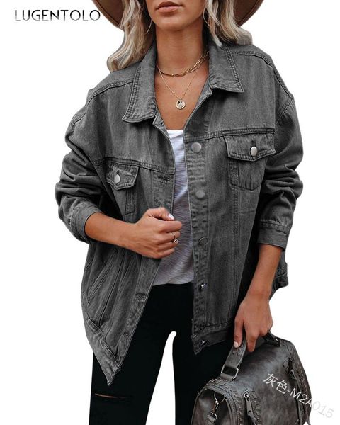 

women's jackets lugentolo denim jacket women spring autumn lapel single-breasted solid coat female casual pocket loose, Black;brown