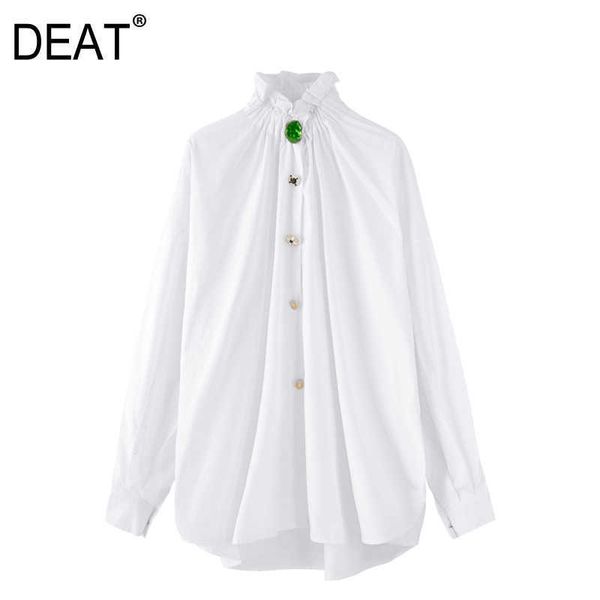 

[deat] spring fashion chic stand-up collar lantern sleeve single-breasted loose casual women shirt 13c694 210527, White