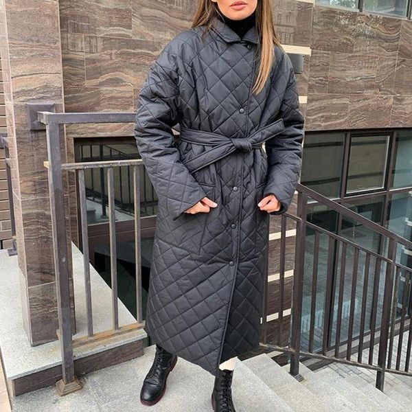 

women's down & parkas a fashion turn collar women elegant pockets long coats single breasted cotton jackets ladies, Black
