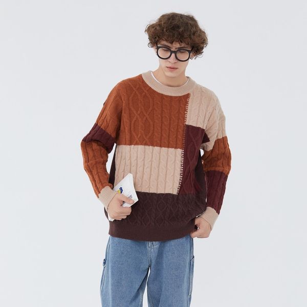 

sweater block of color plaid vintage mesh retro harajuku 2021 male clothes pull homme sweater, White;black
